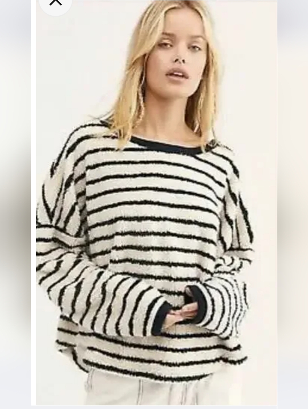 Free People Brenton Striped Black and Cream Crewneck Sweater Large